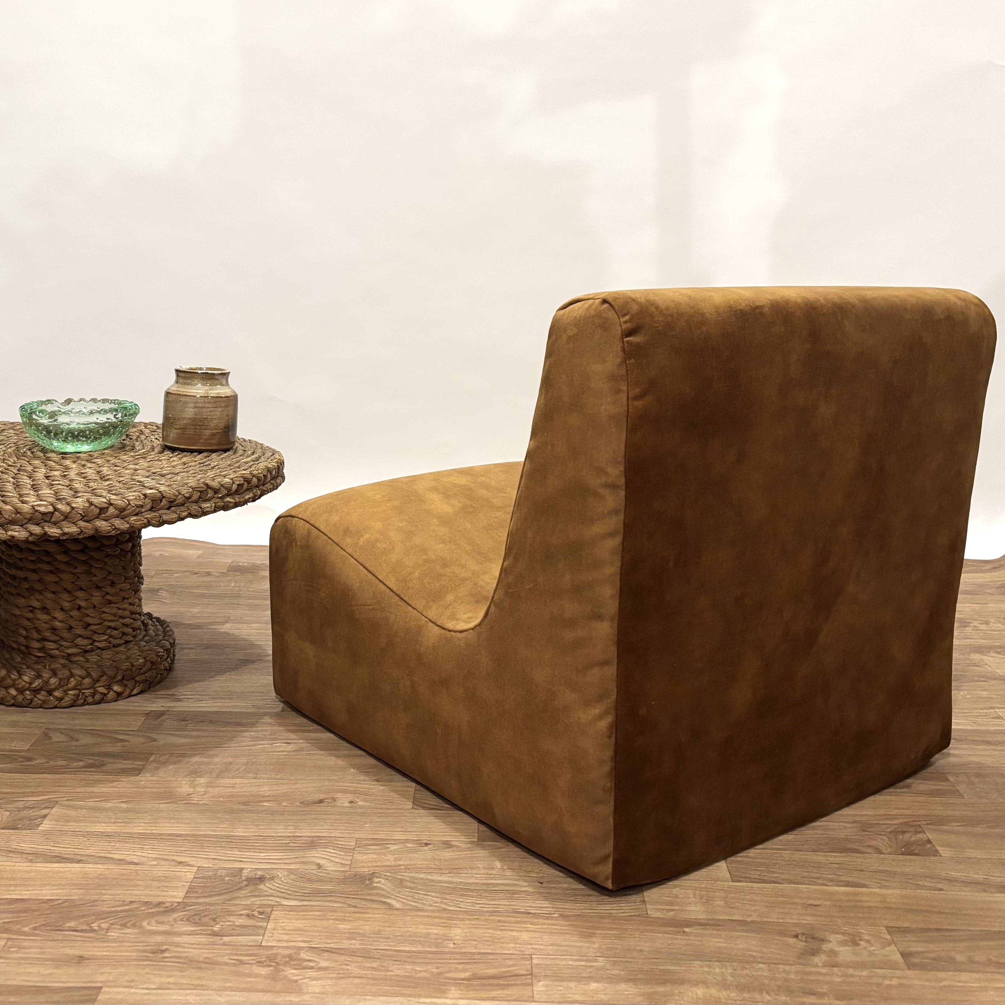 1970s chaise lounge reupholstered in cognac velvet