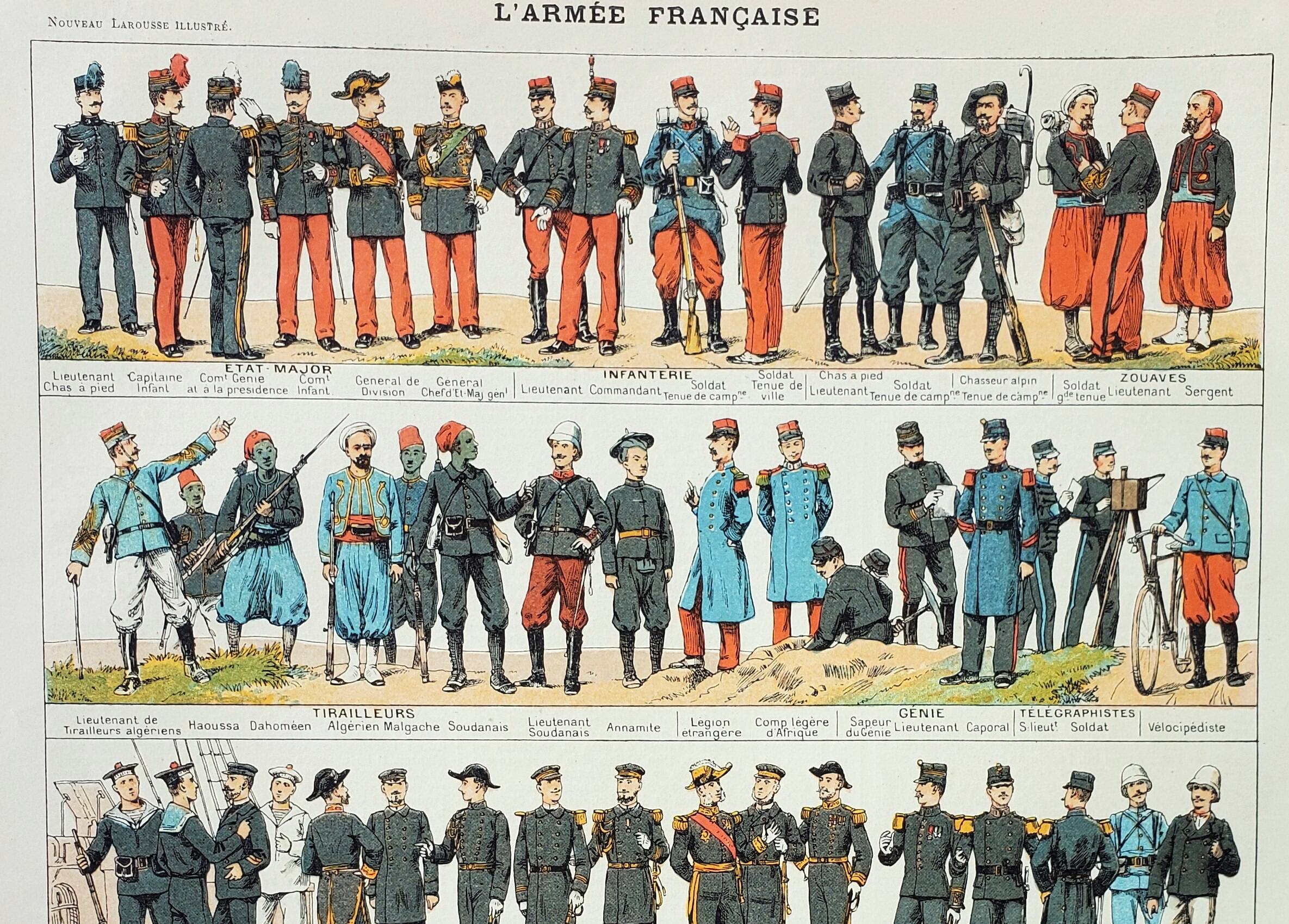 Old engraving 1898, French army uniforms (infantry) • Lithograph, Original plate