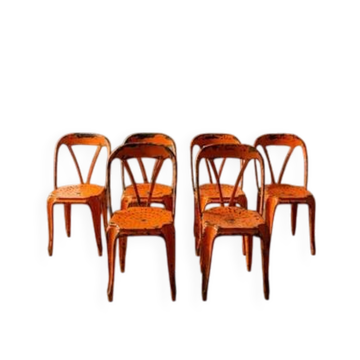 Set of 6 industrial metal dining chairs by Joseph Mathieu, painted steel, 1920s, France