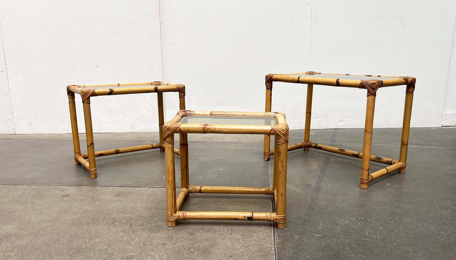Nest of bamboo and glass tables in mid-century style, 1960s, set of 3.