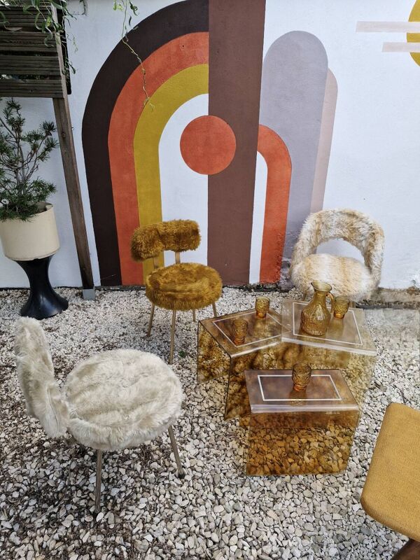 Set 3 Chaises Moumoutes 2 Pelfran, 1 Tonneau 1960-1970
