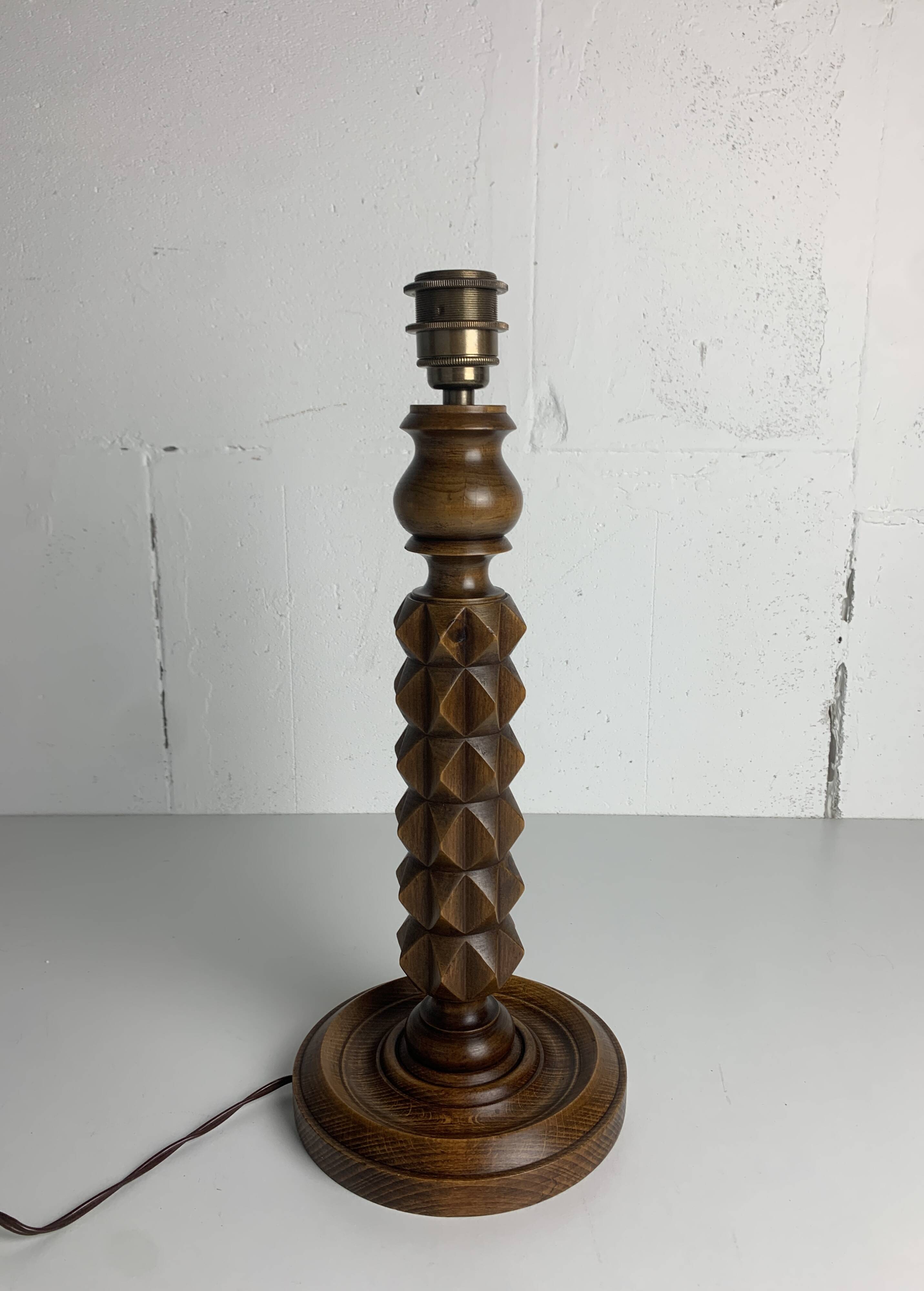 Brutalist wood turned table lamp in the style of Charles Dudouyt, 1940s