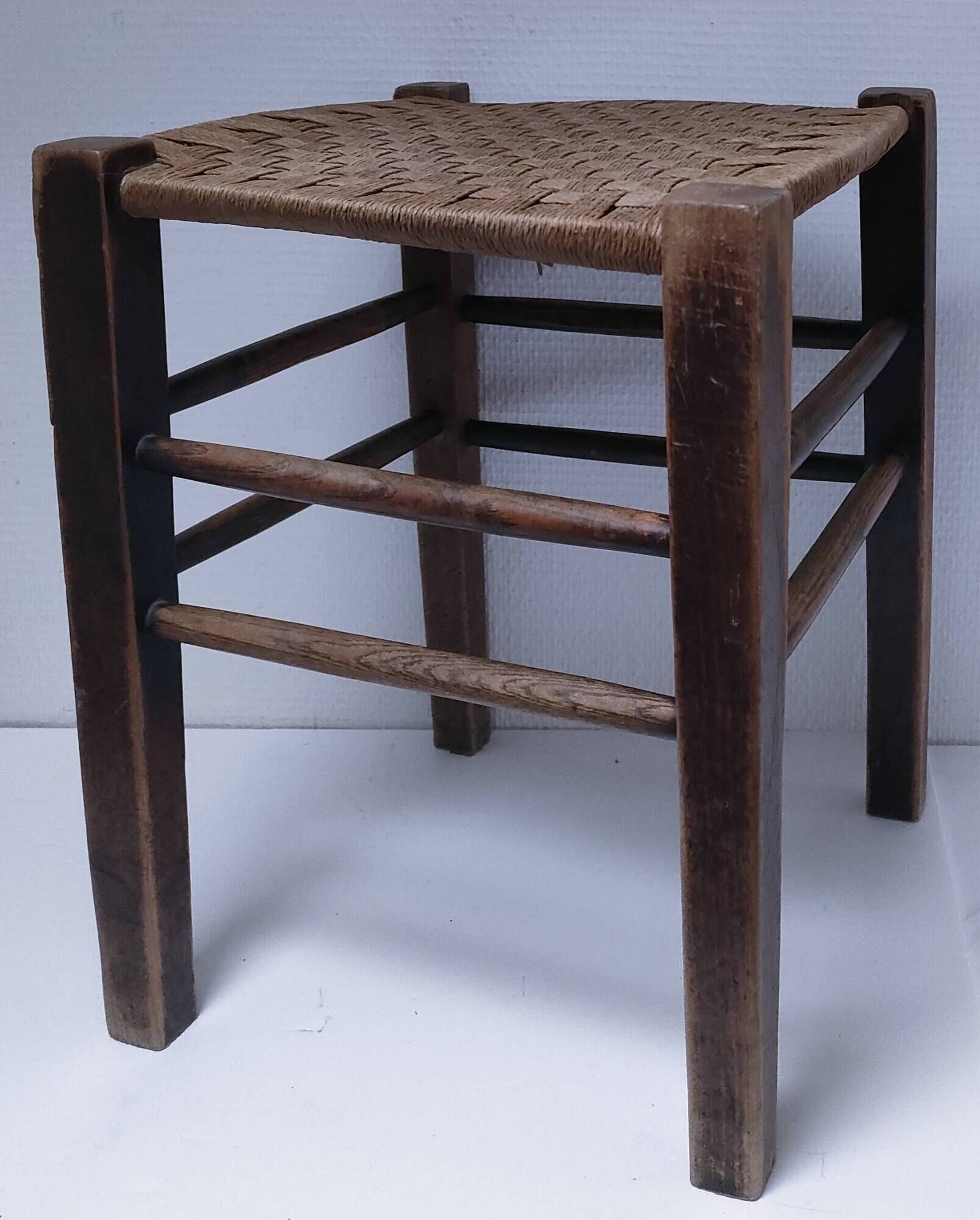 wooden stool with woven plant seat vintage