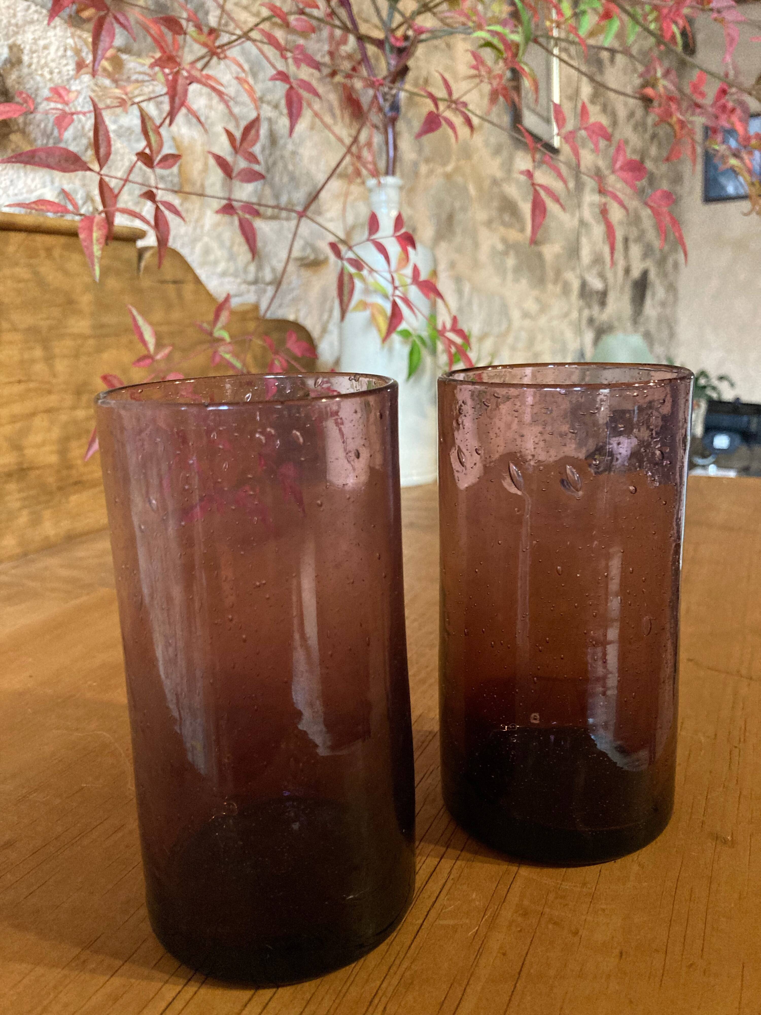 Water glasses, purple bubbled glass, Biot region