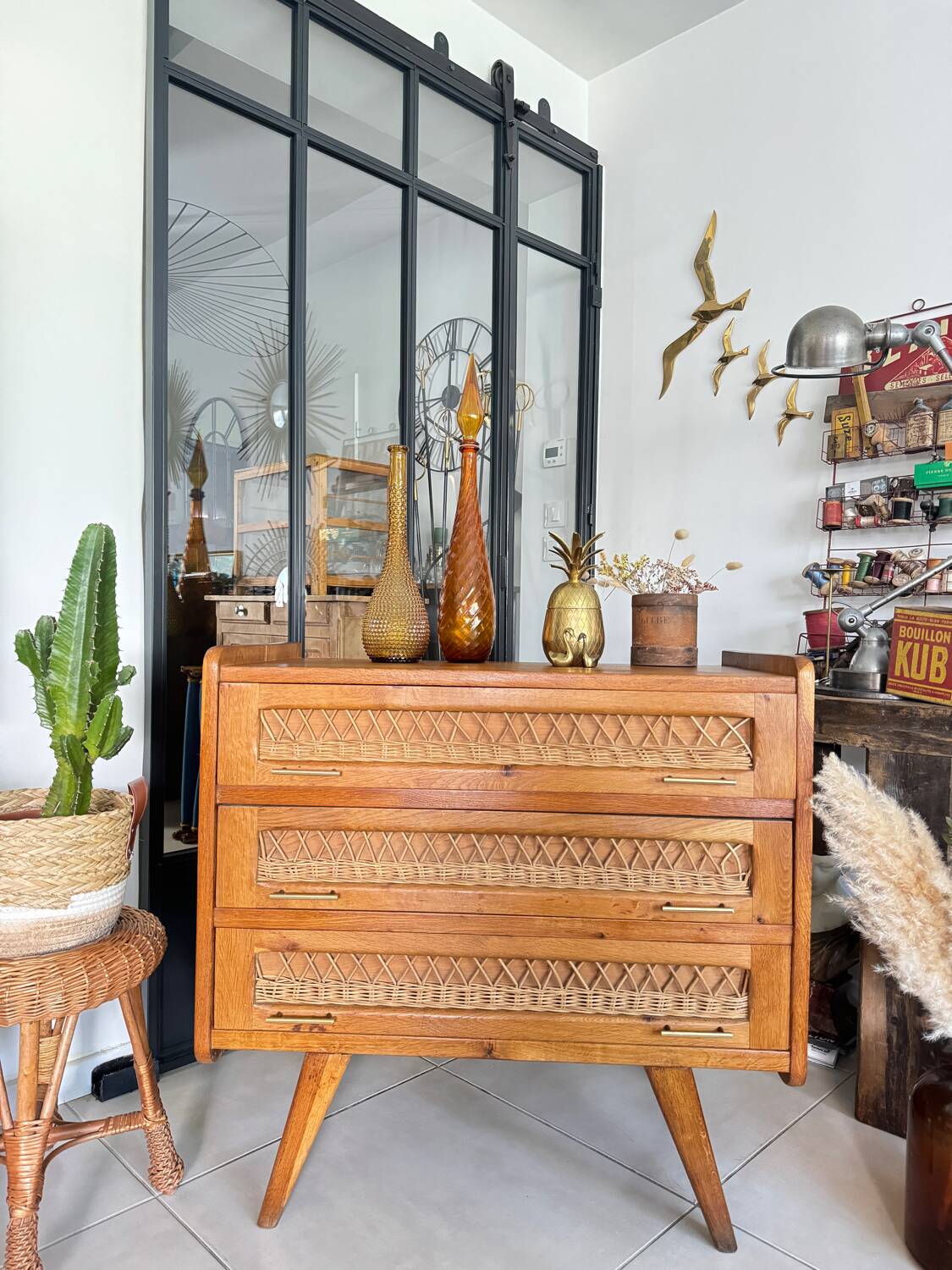 Old vintage wooden and rattan chest of drawers