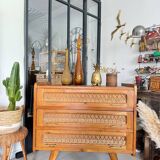 Old vintage wooden and rattan chest of drawers
