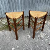 Pair tripod stool vintage design wood and straw
