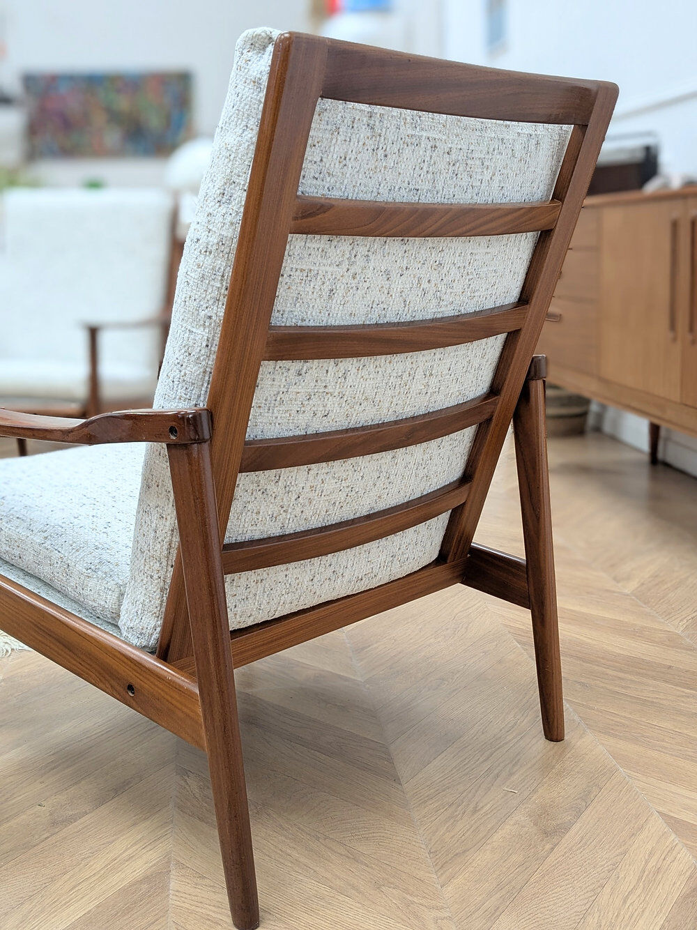 2 reupholstered Scandinavian armchairs