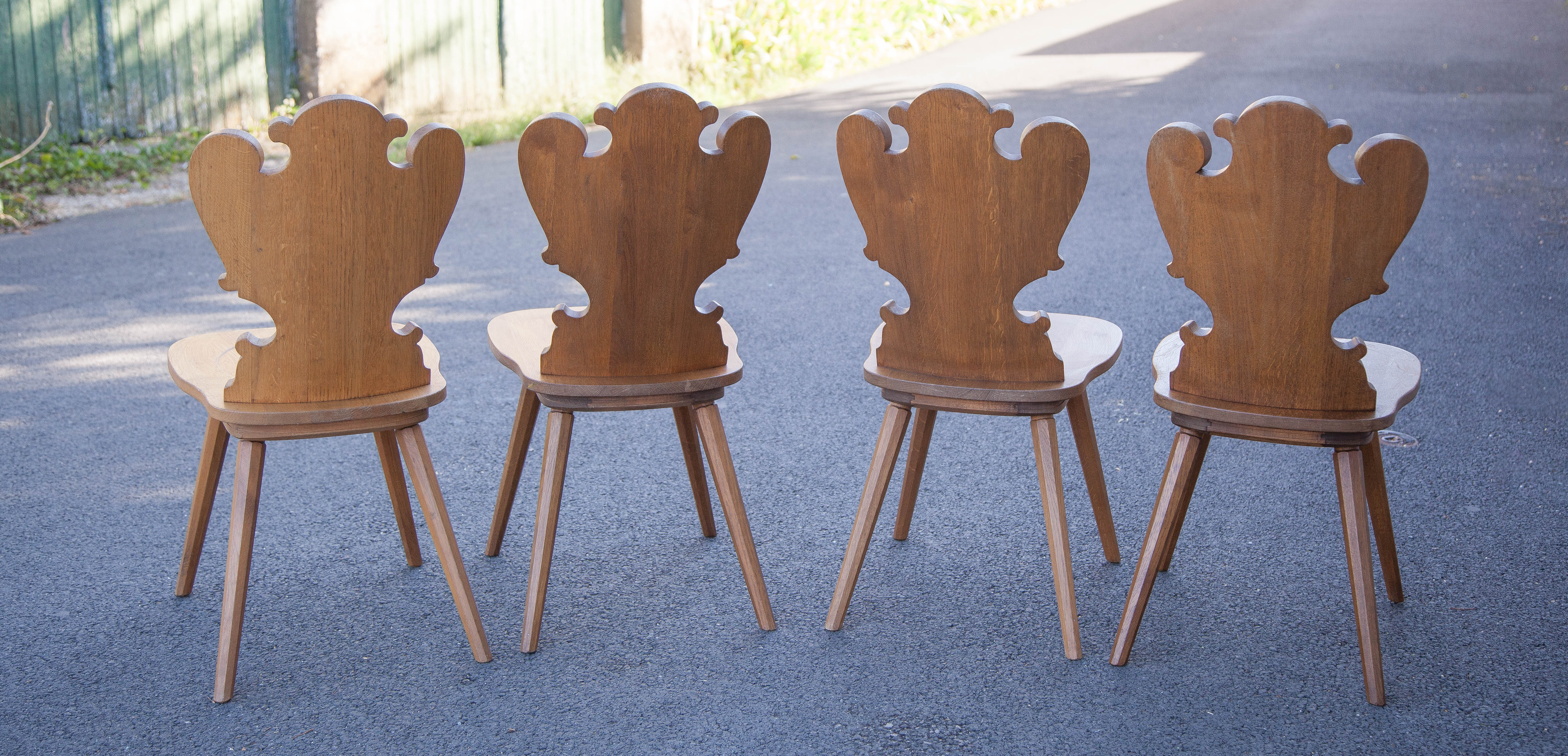 Set of 4 carved wooden stepladder chairs, pharmacy, brutalist, mountain style