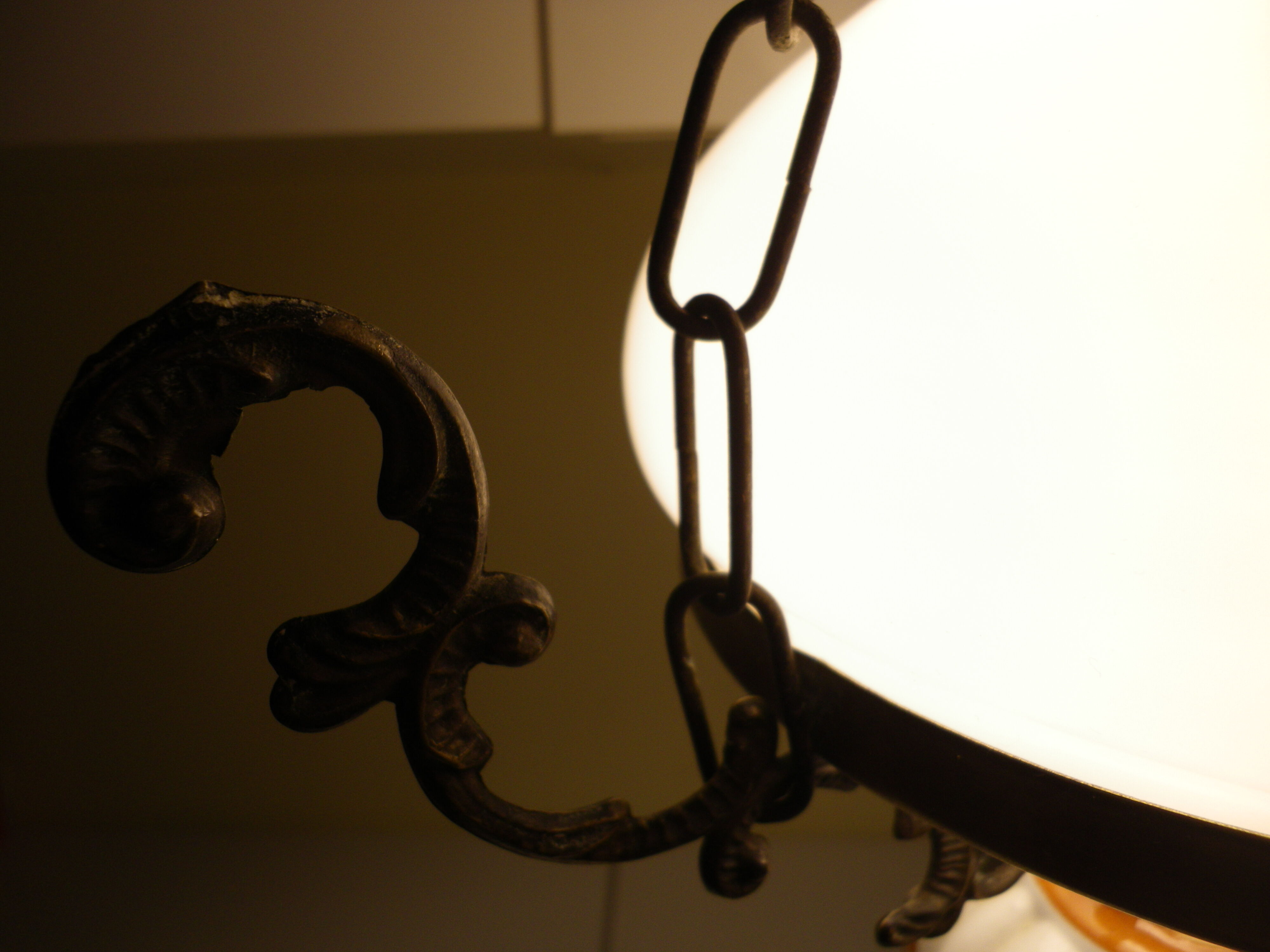 Hanging lamp of the 1950s, white opaline shade and porcelain decoration