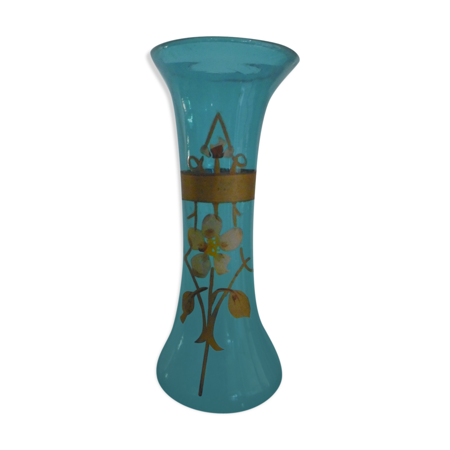 Vase debut XXeme - en verre couleur turquoise et decor peint