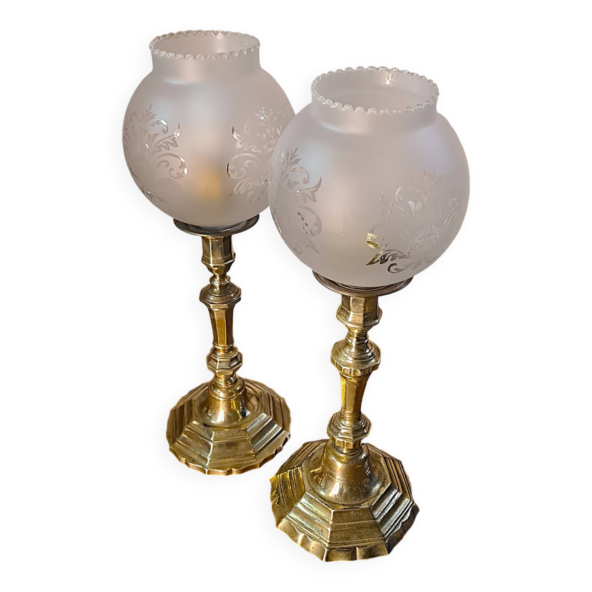 pair of art deco brass lamps with opaque etched glass 39x12