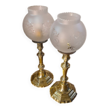 pair of art deco brass lamps with opaque etched glass 39x12