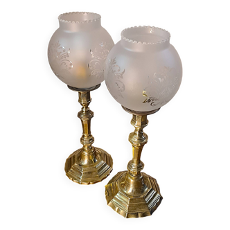 pair of art deco brass lamps with opaque etched glass 39x12