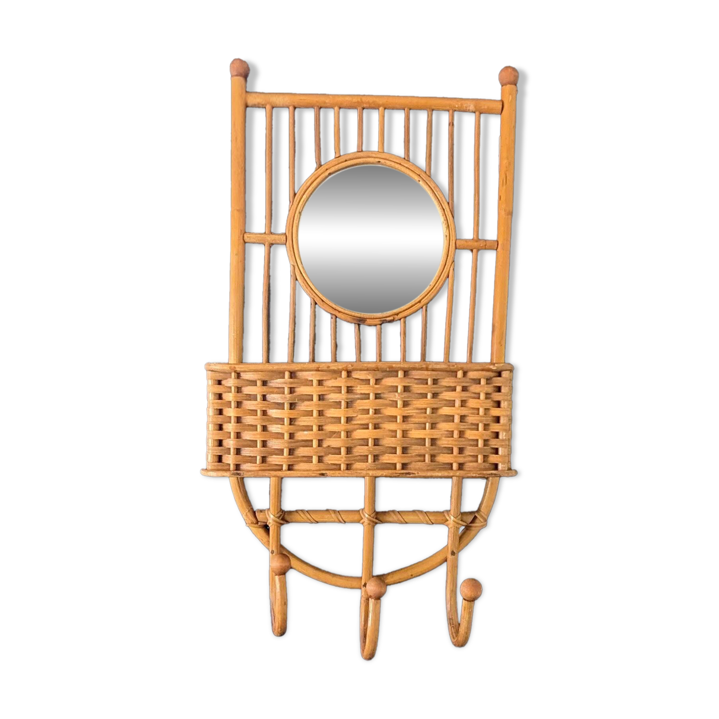 Vintage wall coat rack in rattan with mirror – Bohemian and natural charm