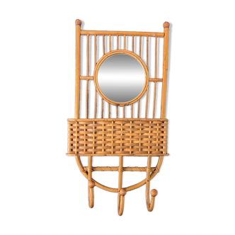 Vintage wall coat rack in rattan with mirror – Bohemian and natural charm