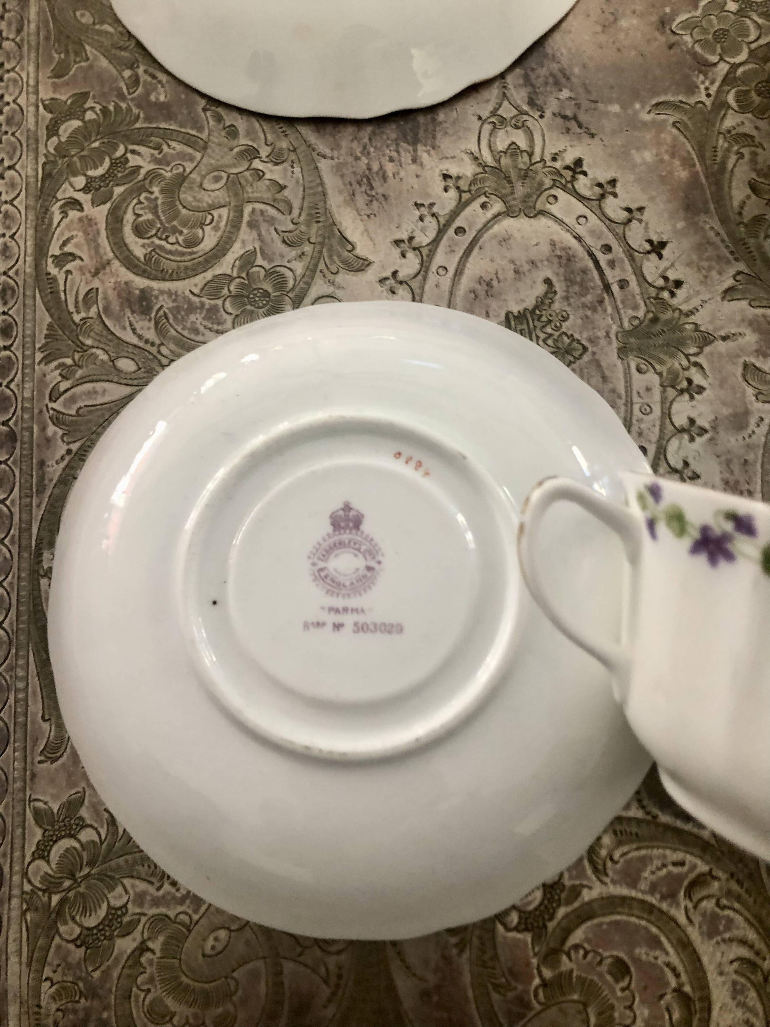 Duo of cup and saucer adderleys england bone china purple décor