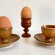 Trio of vintage ceramic and wood egg cups