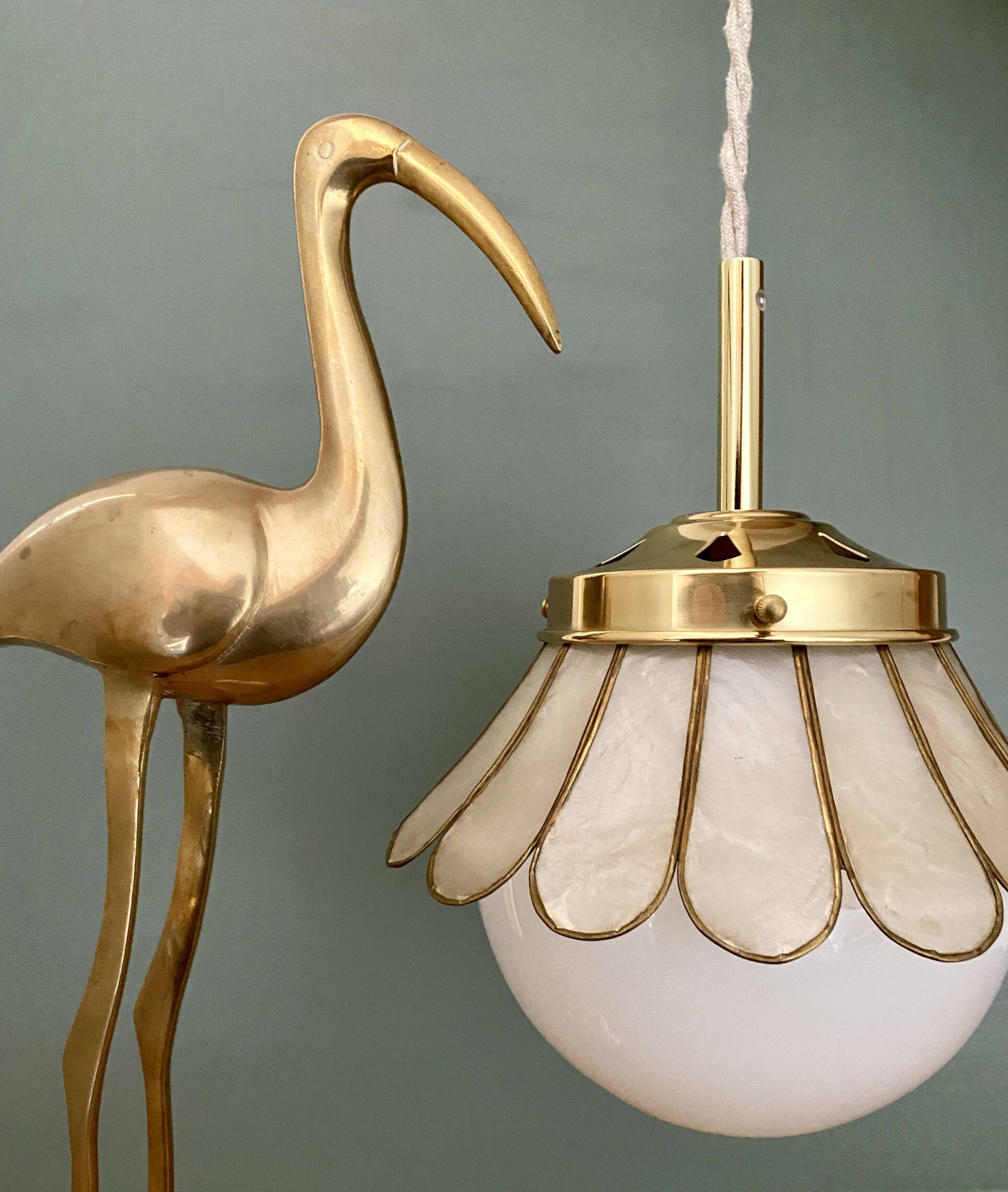 Globe pendant light and vintage lampshade in opaline and mother-of-pearl