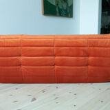 3-seater Togo orange velvet sofa designed by Michel Ducaroy 1973