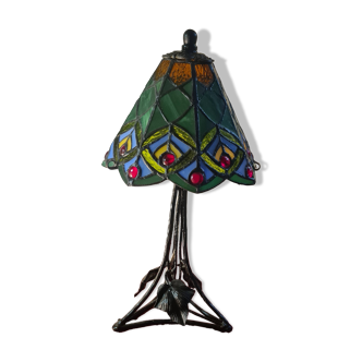 antique wrought iron lamp with glass shade in Tiffany style, 40x20 electric OK