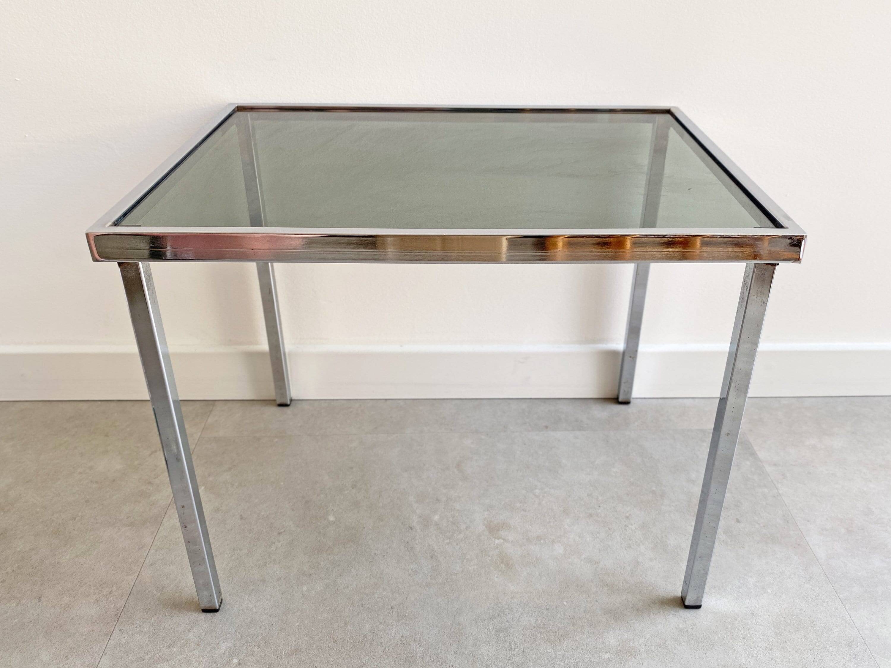 Vintage chrome side table with s smoked glass top