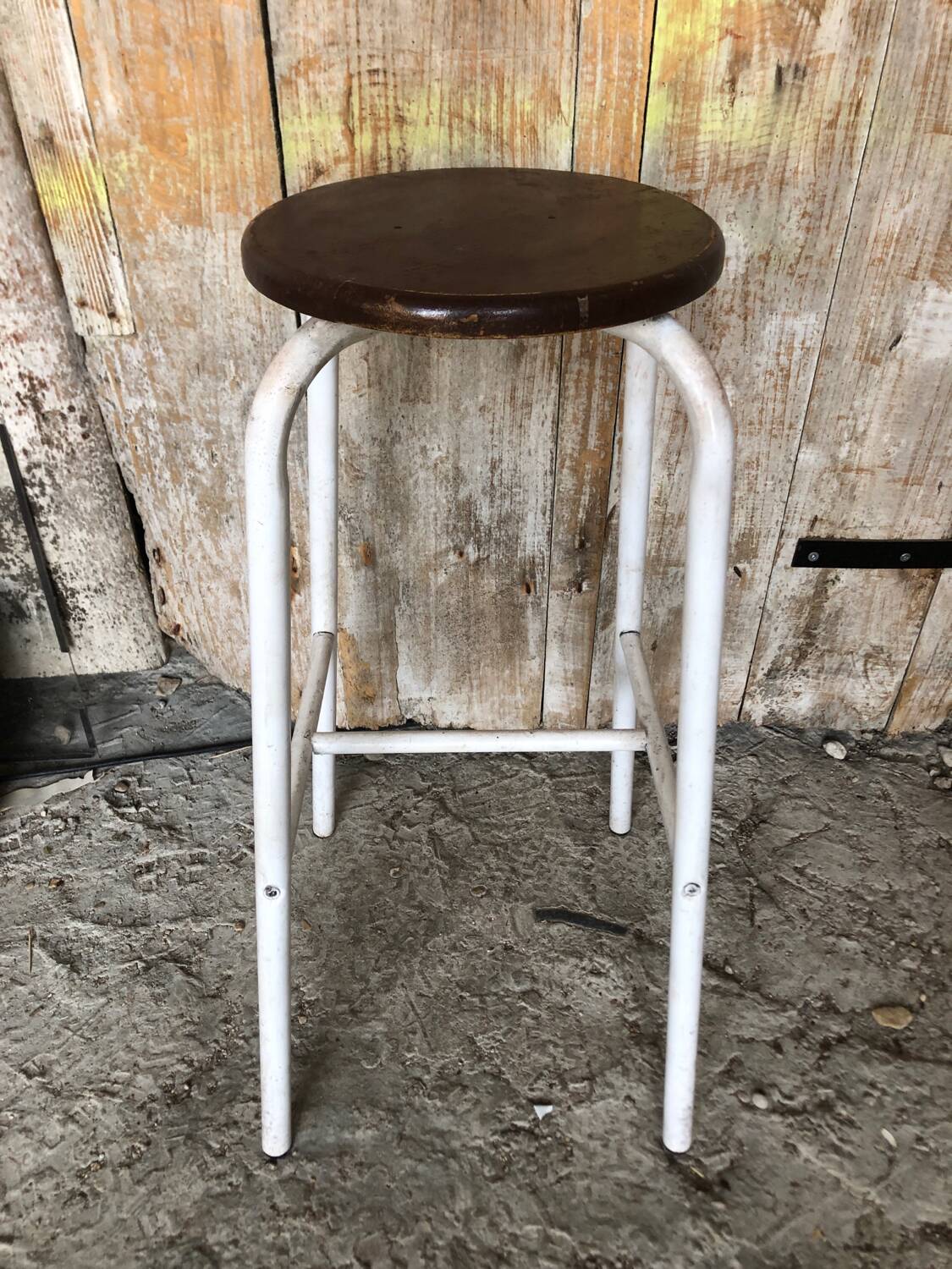 Bar Stool White Metal Leg + Vintage Brown Wood Seat #A352