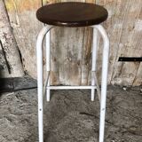 Bar Stool White Metal Leg + Vintage Brown Wood Seat #A352