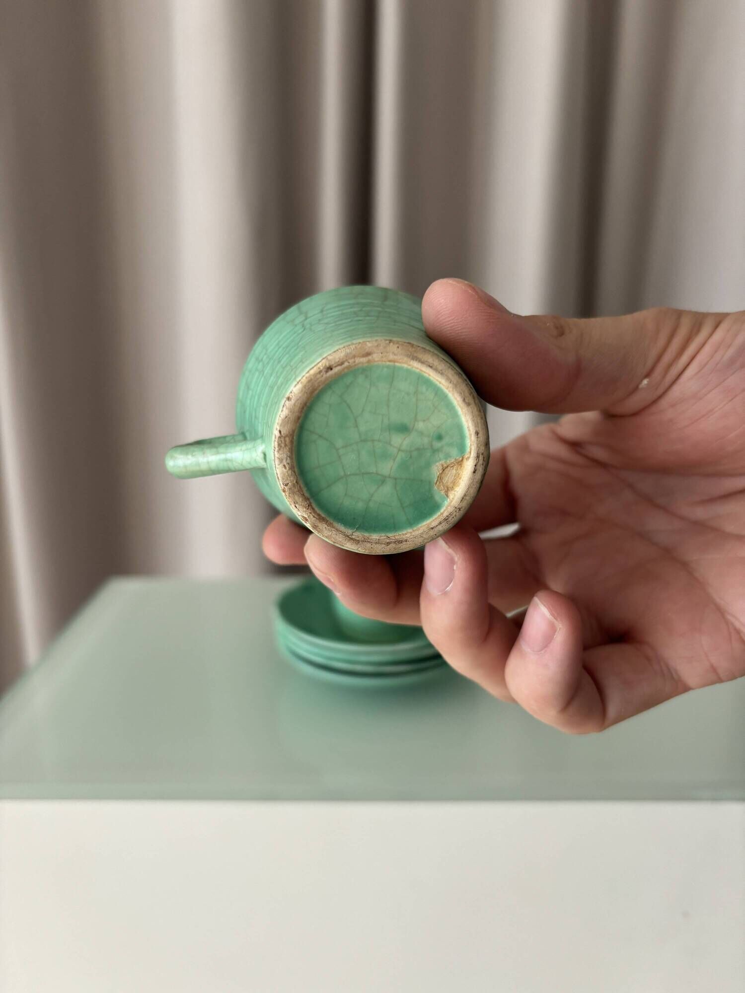 Set of 4 Vintage Jade Green Studio Pottery Espresso Cups & Saucers – Hand G