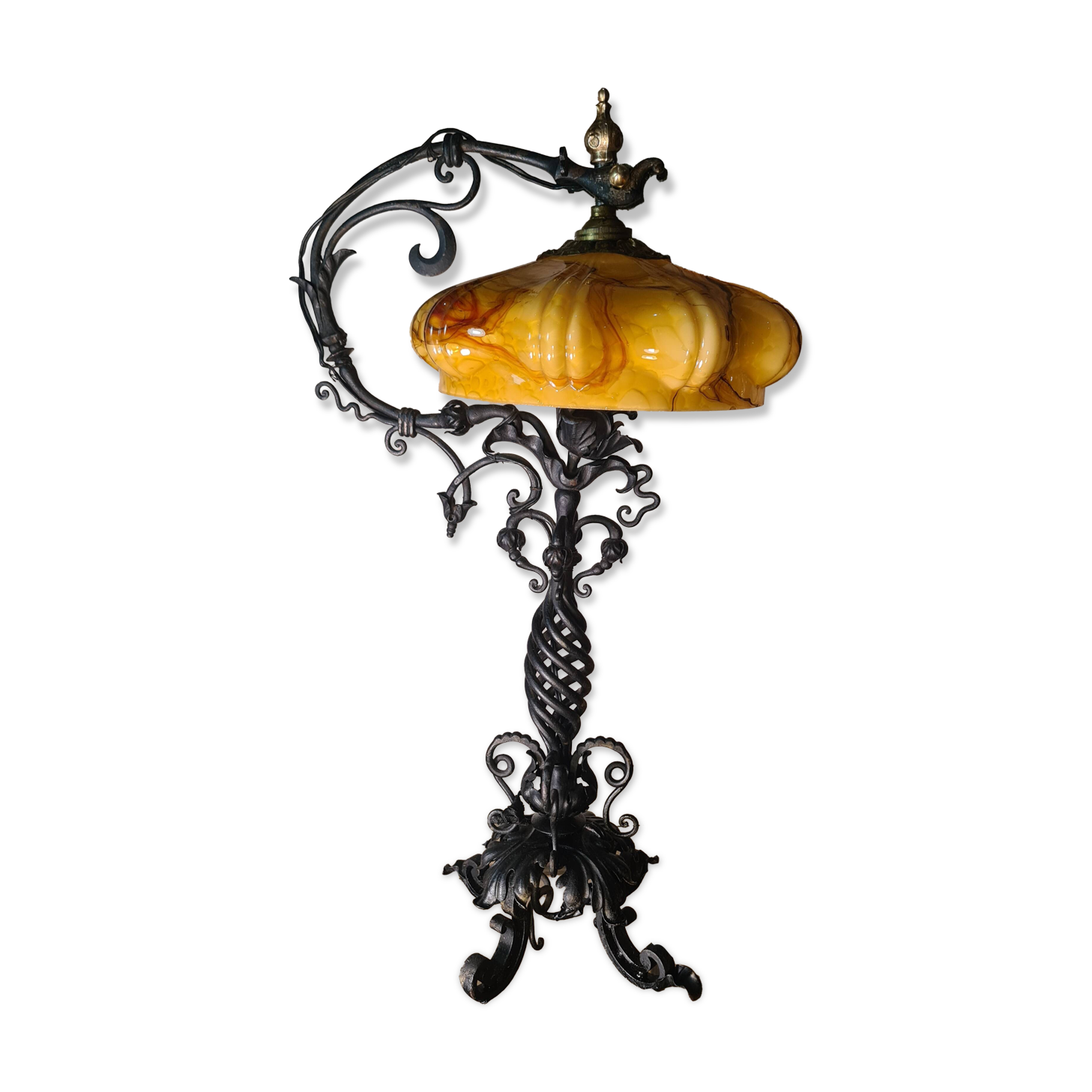 large wrought iron work lamp Andalusian style 1900 marbled opaline,,,, 49x25 magnificent and rare