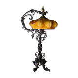 large wrought iron work lamp Andalusian style 1900 marbled opaline,,,, 49x25 magnificent and rare