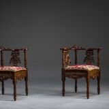 19th century Italian Renaissance style carved walnut corner chairs, set of 2