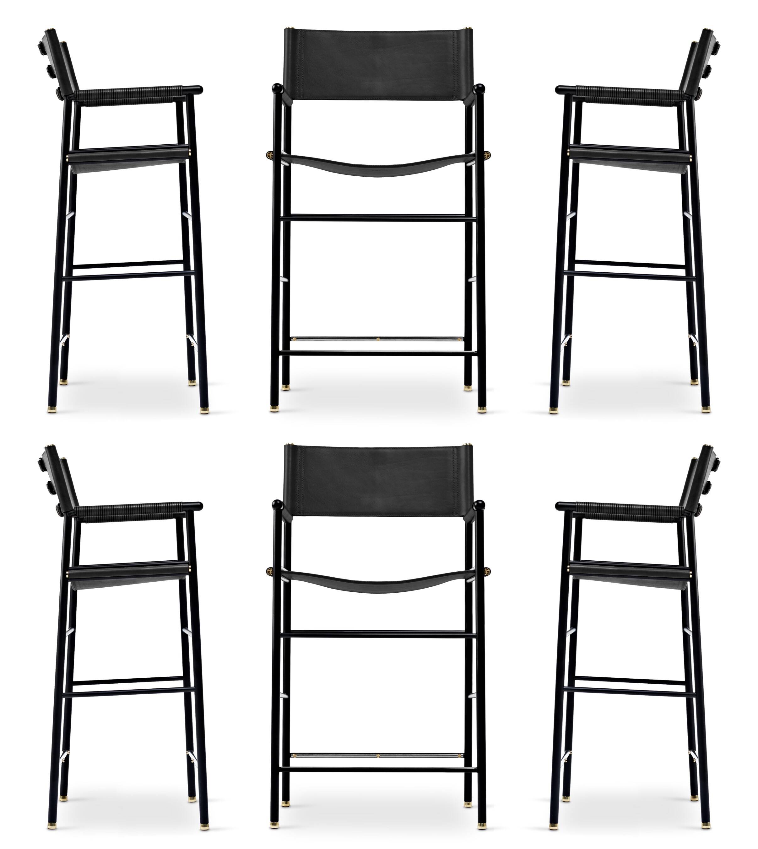 Batch of 6 Contemporary Bar Stools with Black Leather Backrest