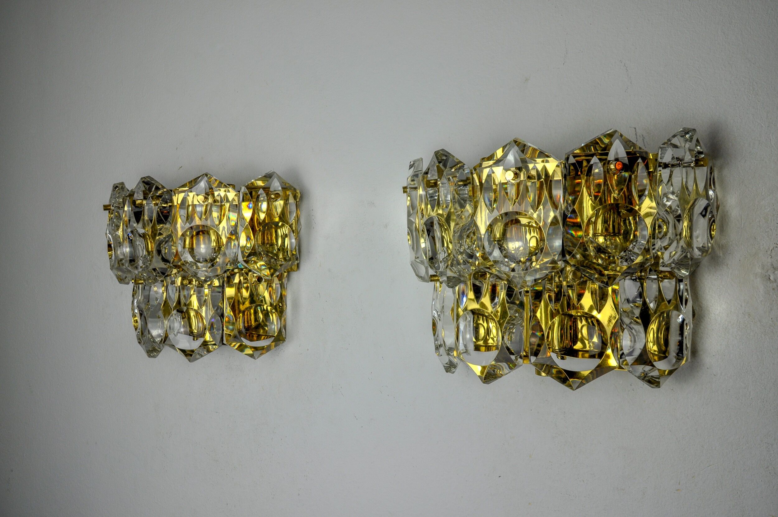 Pair of kinkeldey wall lamps, 2 levels, cut crystals germany, 1970