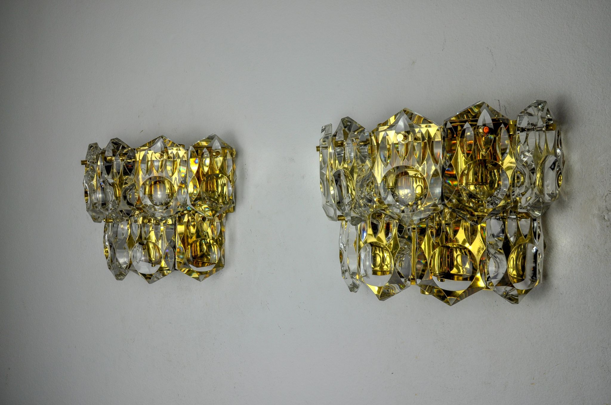 Pair of kinkeldey wall lamps, 2 levels, cut crystals germany, 1970