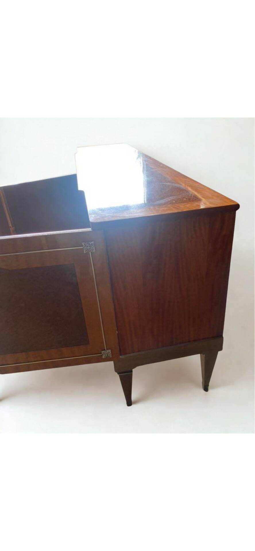 Satin wood sideboard, brass fittings — Mid-Century