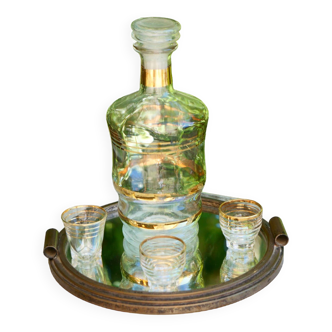 Elégant service à liqueur années 1930, carafe et verres à liserés dorés