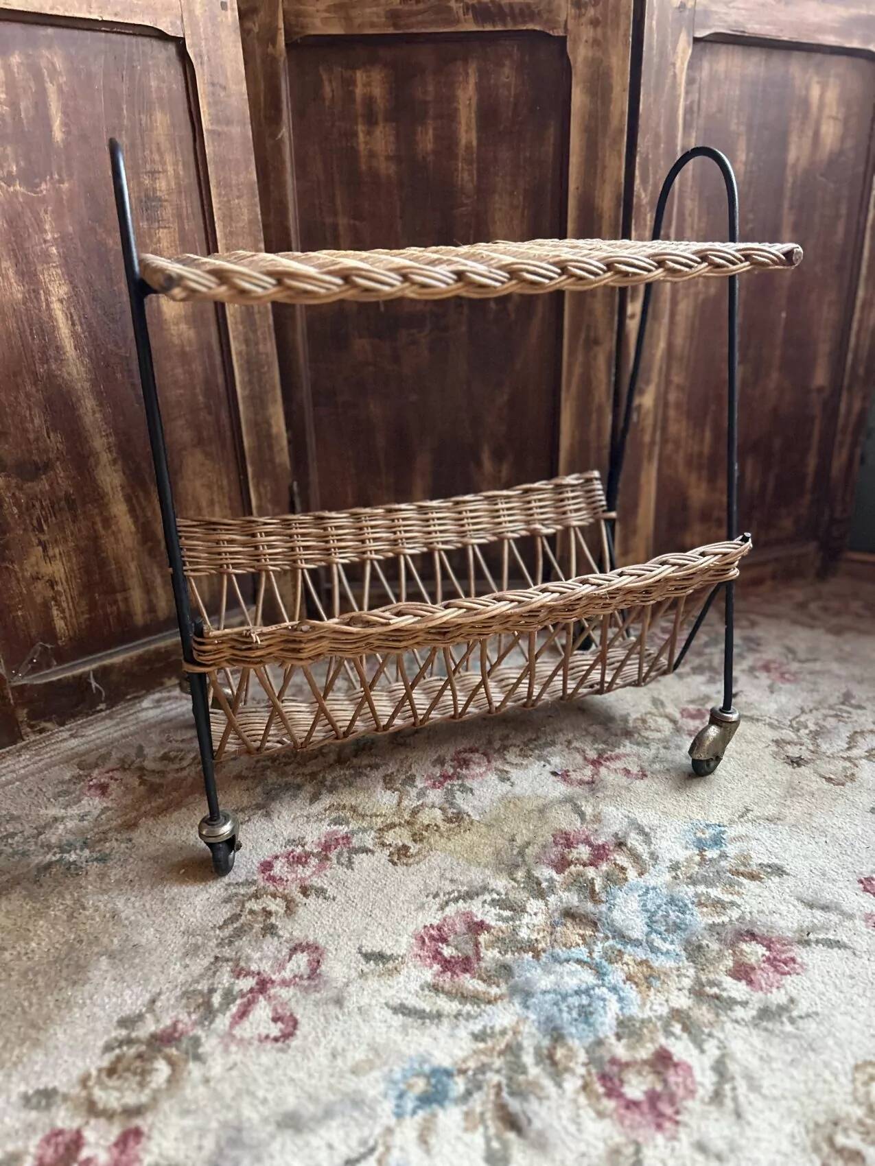 Vintage 1960s rattan magazine rack