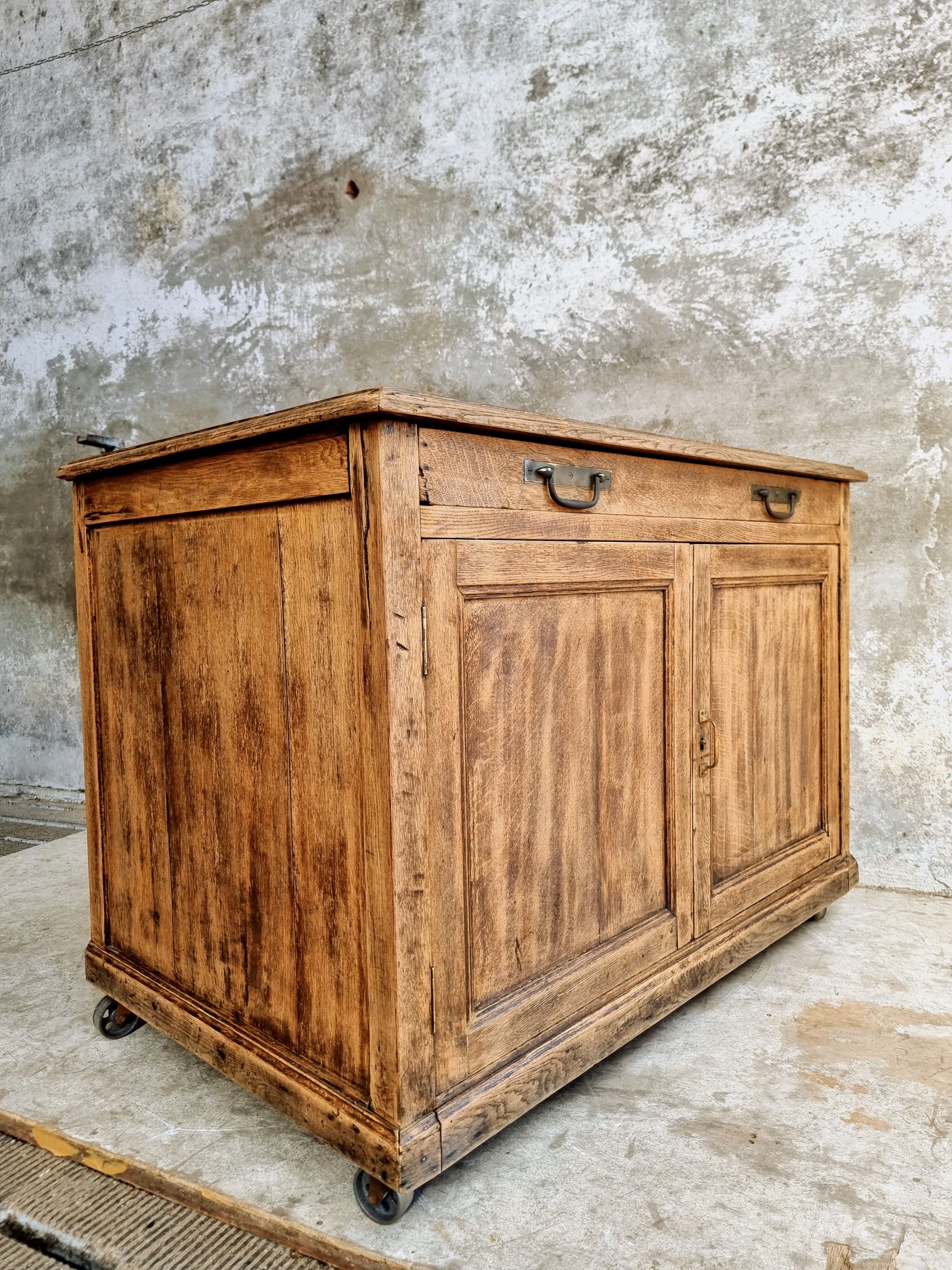 Old cabinet, workbench, kitchen island counter on casters