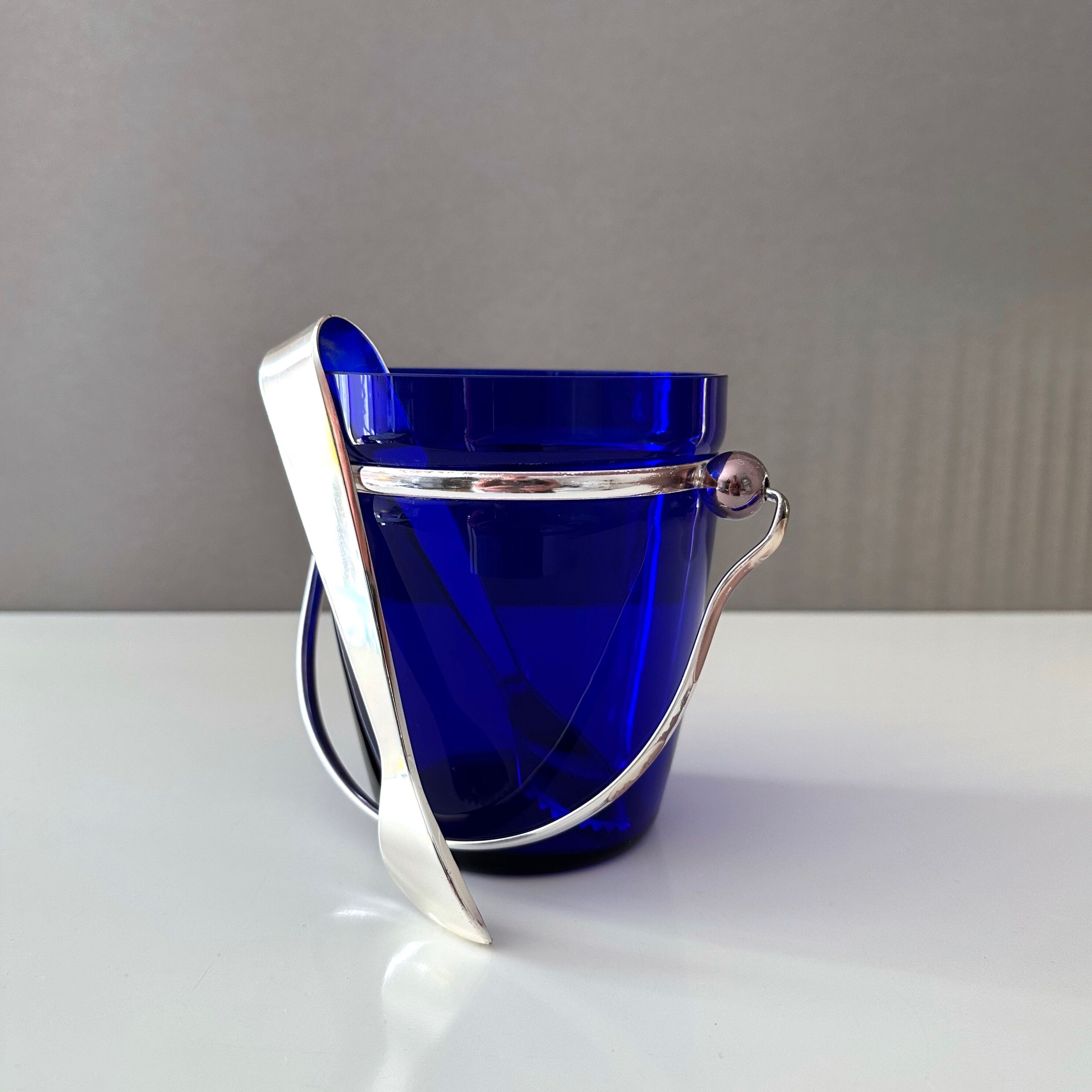 Ice bucket blue, ice cooler silver plated, mid century bareware