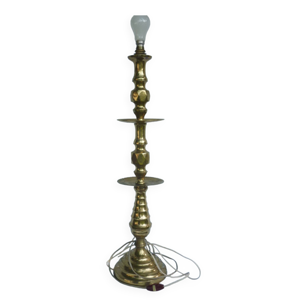 Pique cierge chandelier laiton doré ancien 71 cm