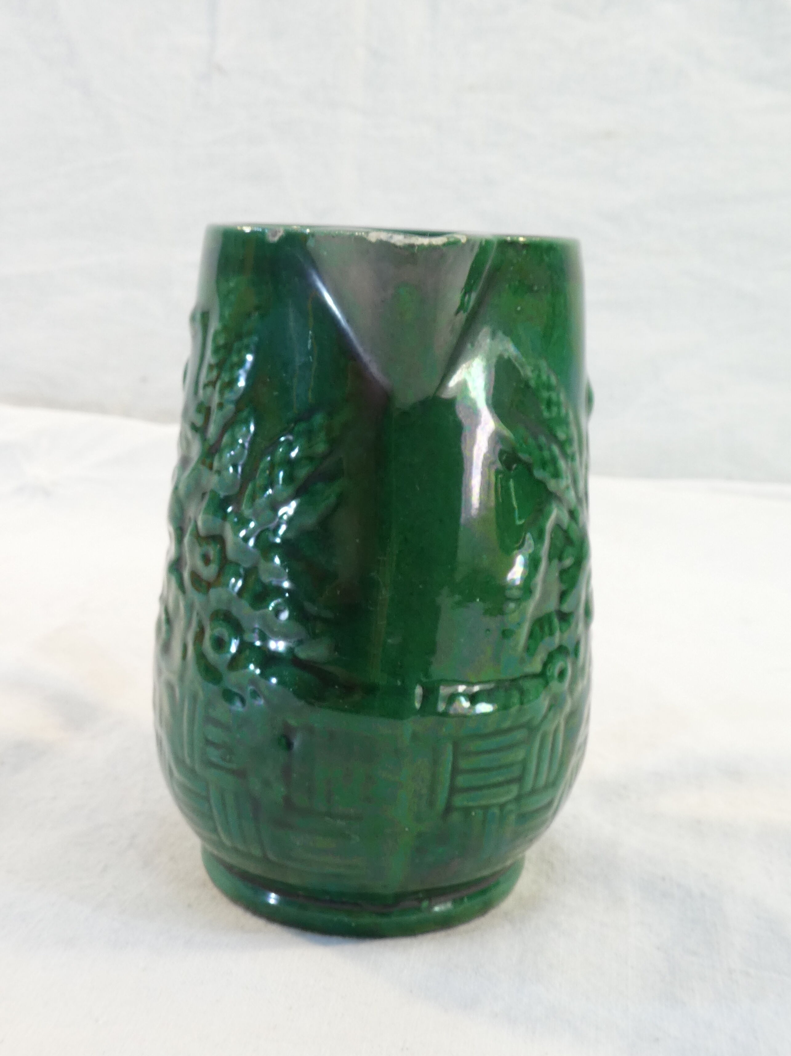 Old Little Vintage Green Pitcher in faience of ST CLEMENT flower basket decor