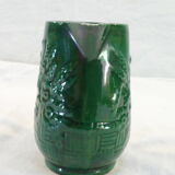 Pichet vert vintage en faience de St clement decor de panier fleuri