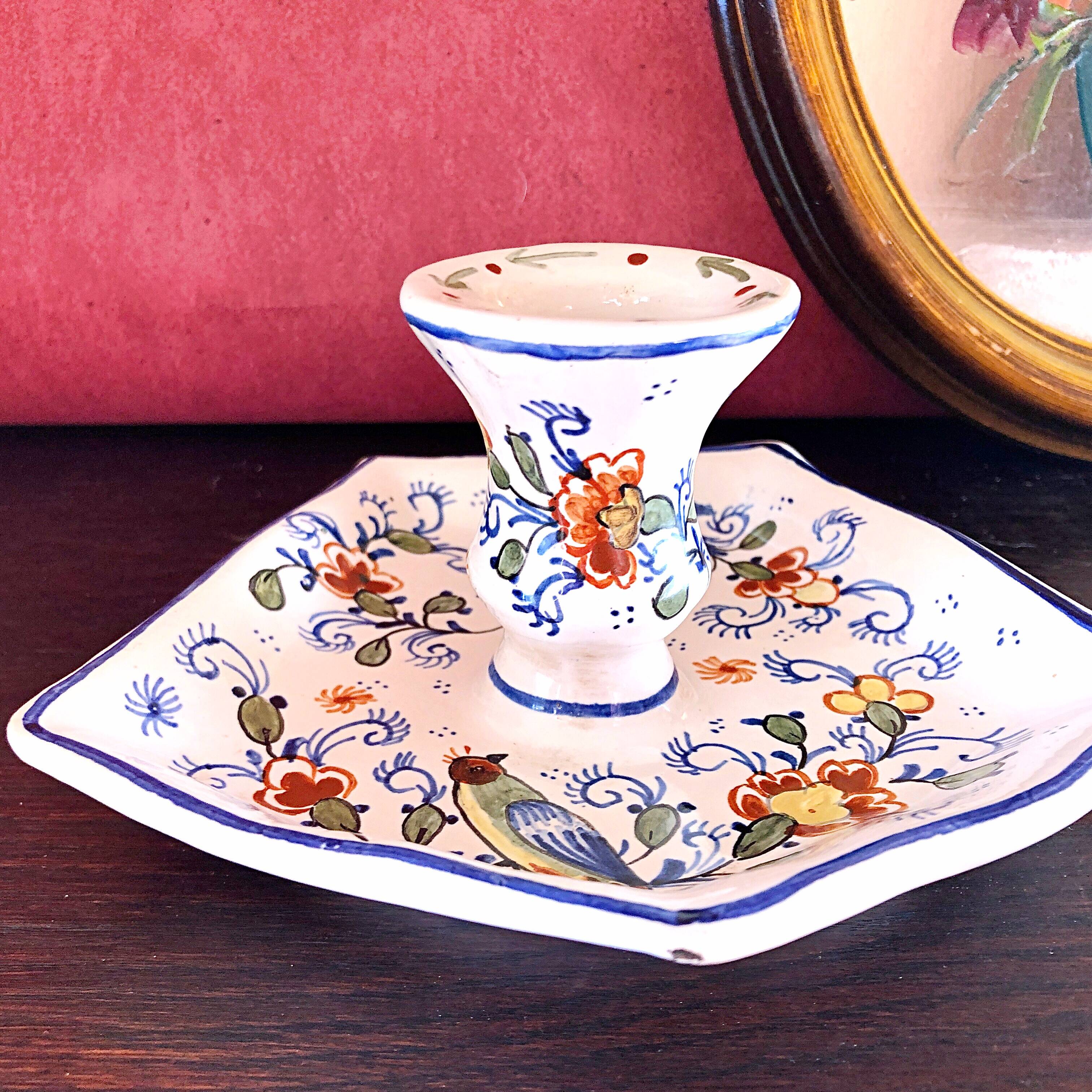 Handcrafted enameled ceramic candle holder signed vintage Rouen style decor