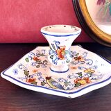 Handcrafted enameled ceramic candle holder signed vintage Rouen style decor