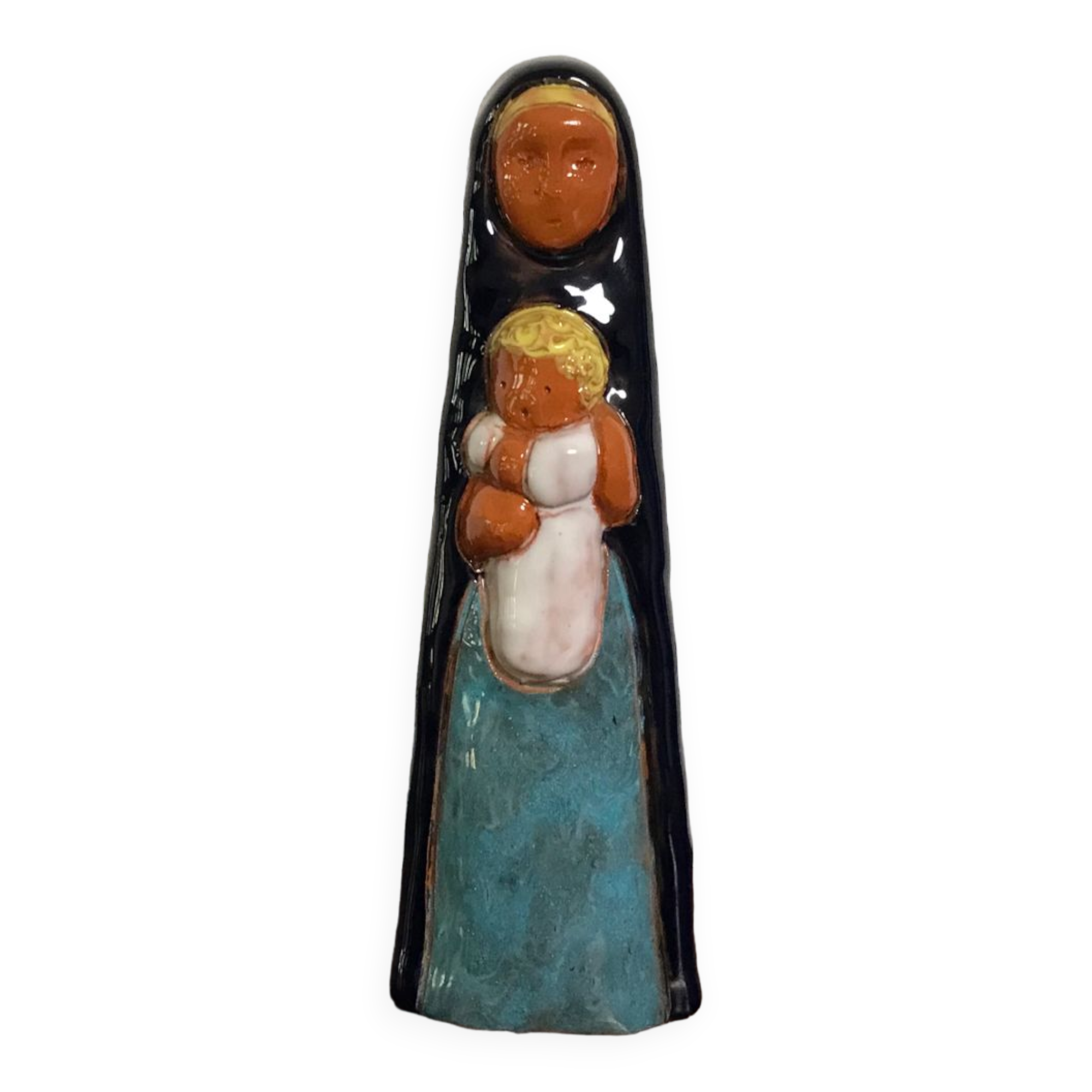 Virgin child statuette glazed terracotta