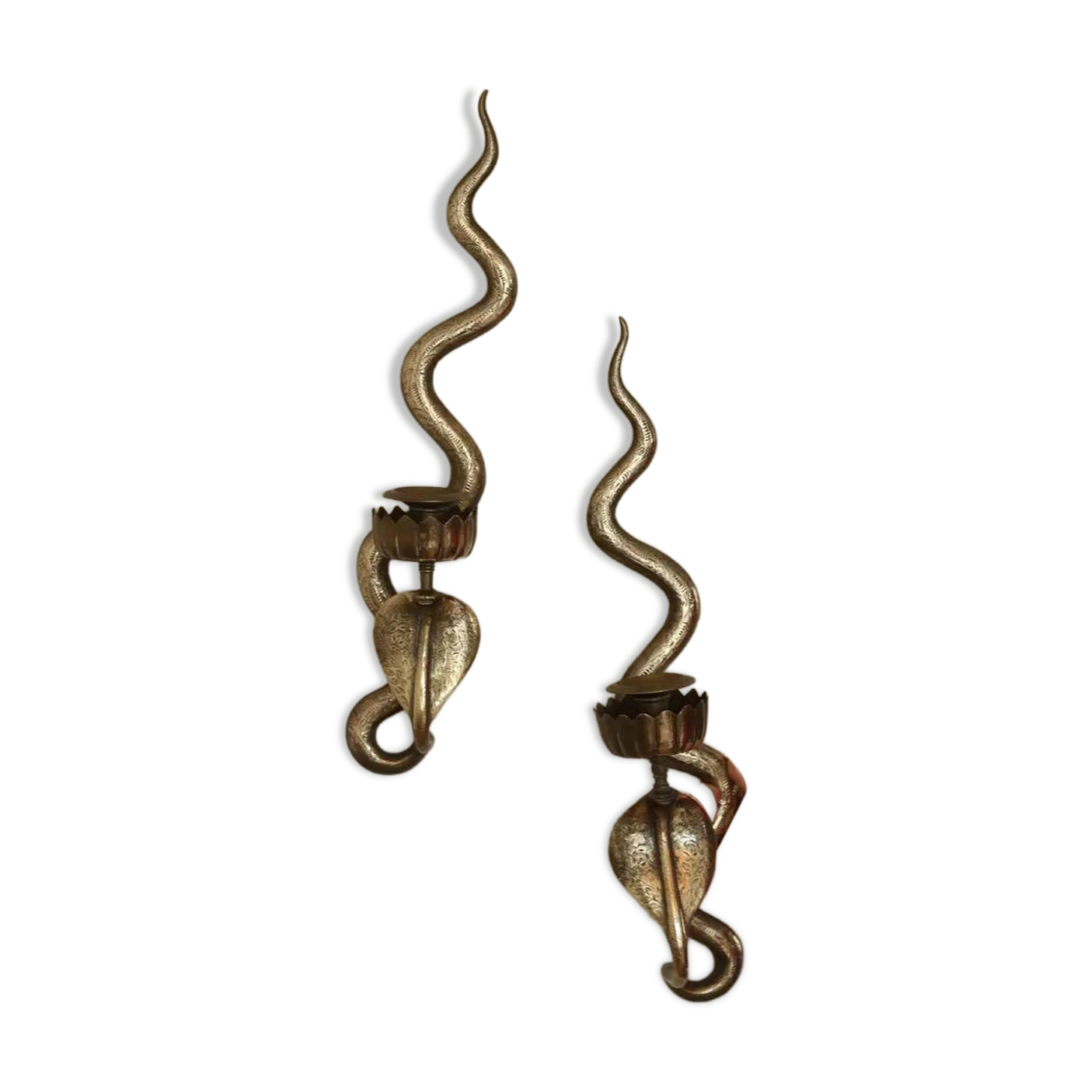 Pair of Egyptian Revival Style Engraved Brass Cobra Sconces