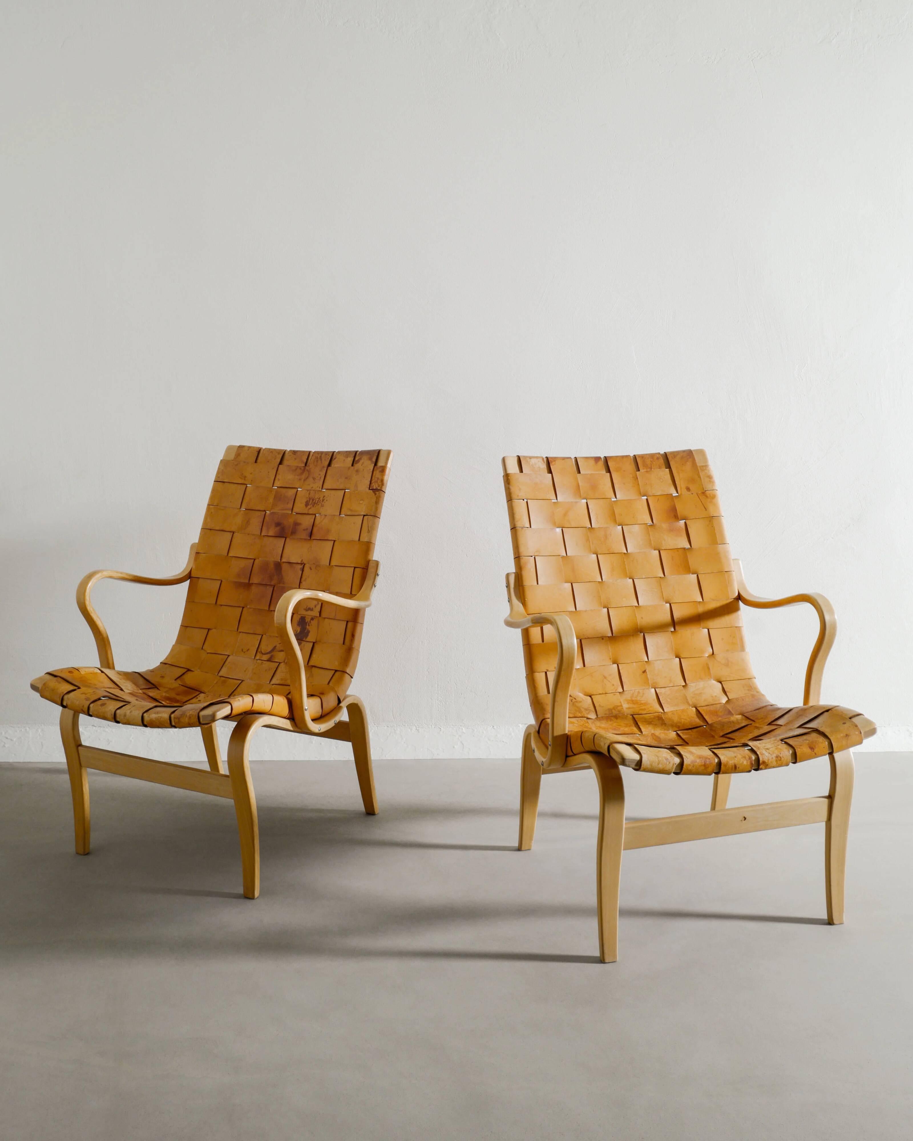 Swedish Mid Century Wooden Leather "Eva" Armchairs Bruno Mathsson, 1970s