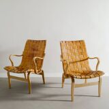 Swedish Mid Century Wooden Leather "Eva" Armchairs Bruno Mathsson, 1970s