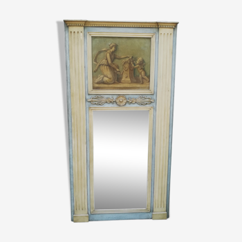 Miroir trumeau style Louis XVI en bois patiné